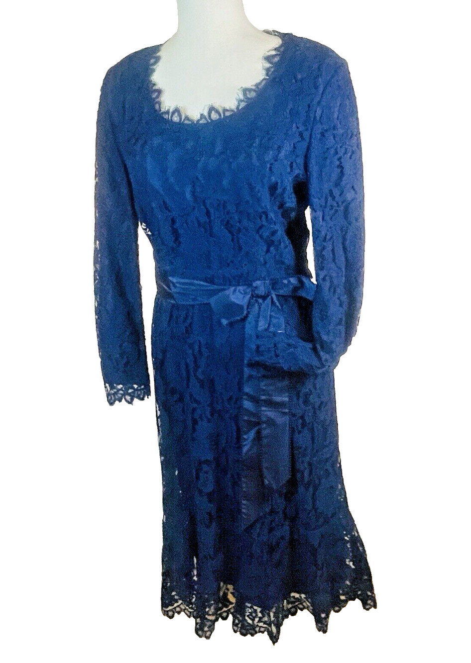 Posh by Jay Anderson Vtg Lace Dress Womens M Deep Blue Formal Lined Bow Belt